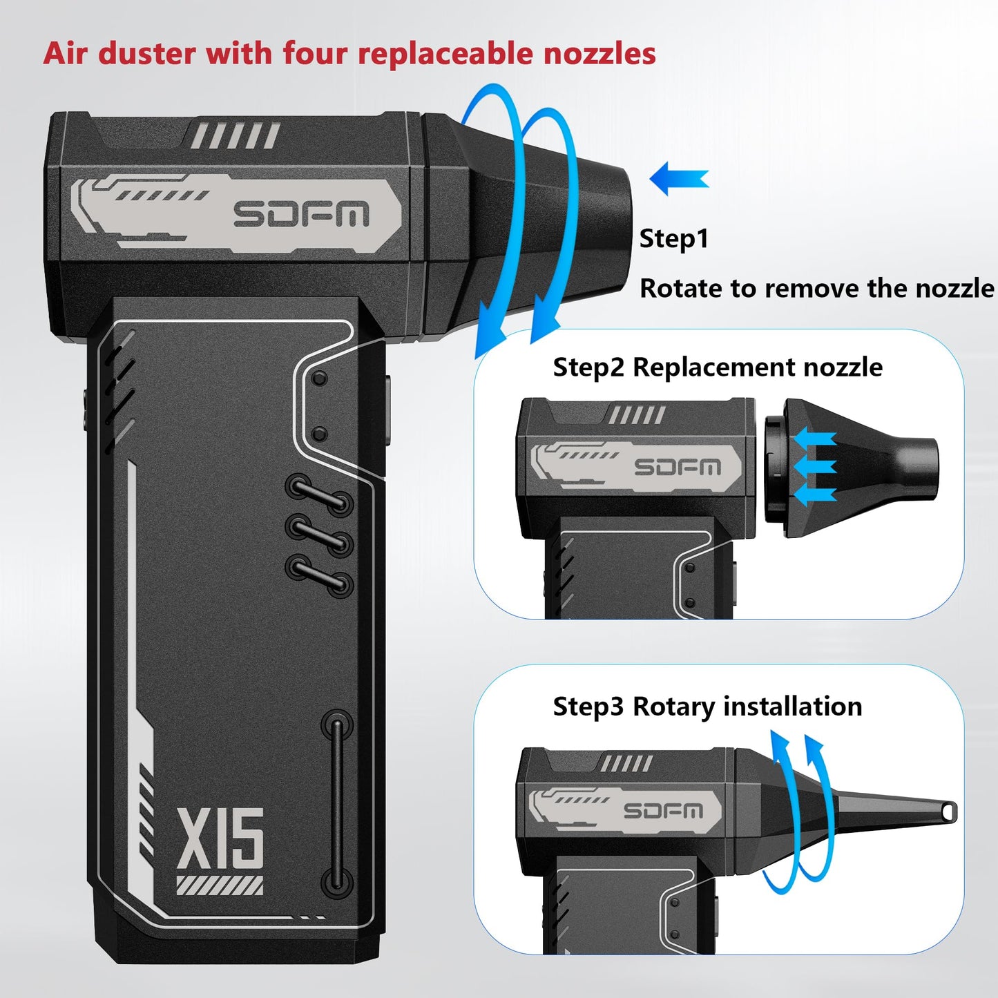 SDFM Compressed Air Duster - 180,000 RPM Compressed air - with Brushless Motor, 3-Gear Adjustable Air Duster - for Keyboard, PC, Car, Air Bed, and Home Cleaning (Black)