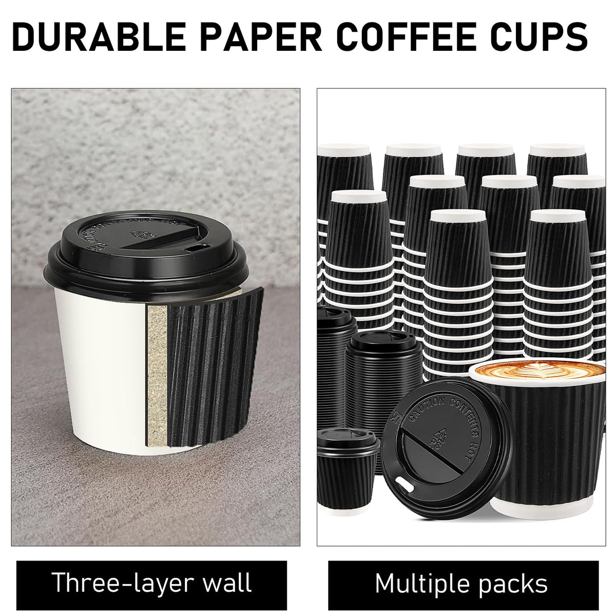 100 Set Paper Espresso Cups with Lids, 4oz Disposable Coffee Cups, Small Hot Drink Tea Cup, Insulated to Go Coffee Cups for Cocoa, Hot Chocolate, Milk, Iced Tea, Cold Drinks, Juice, Water - Black