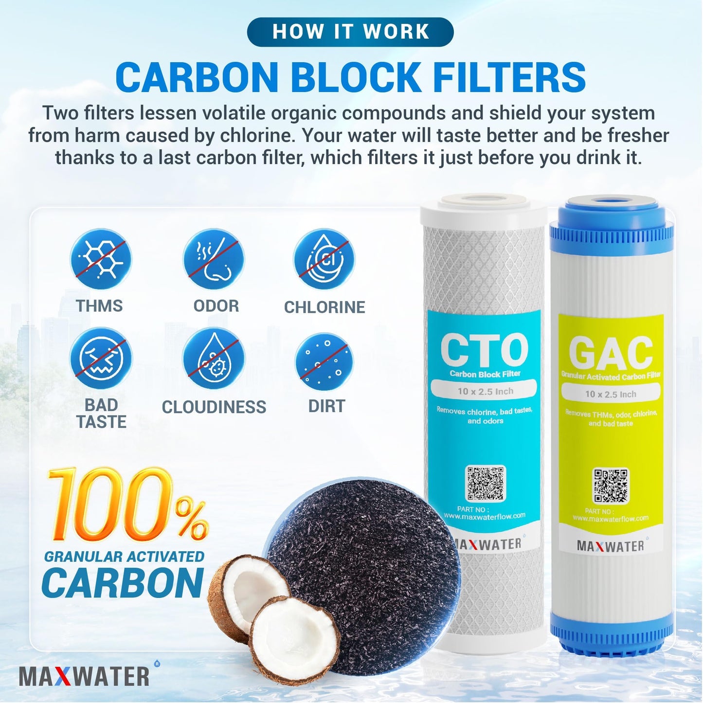 Max Water 10" Standard Whole House Replacement Water Filters Set - Coconut Shell Carbon, Polypropylene Sediment, and GAC Carbon Filters Variation for Standard Reverse Osmosis RO Systems (3 Pack)