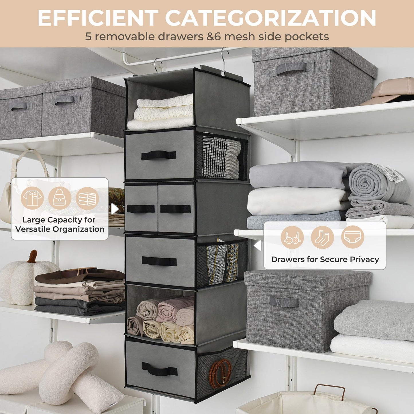 GRANNY SAYS Hanging Closet Organizer with Drawers, Rangement Garde Robe, Hanging Storage Organizer, Closet Organizers and Storage for Clothes, 1-Pack, 31 x 35 x 108.4cm, 6-Shelf, Grey