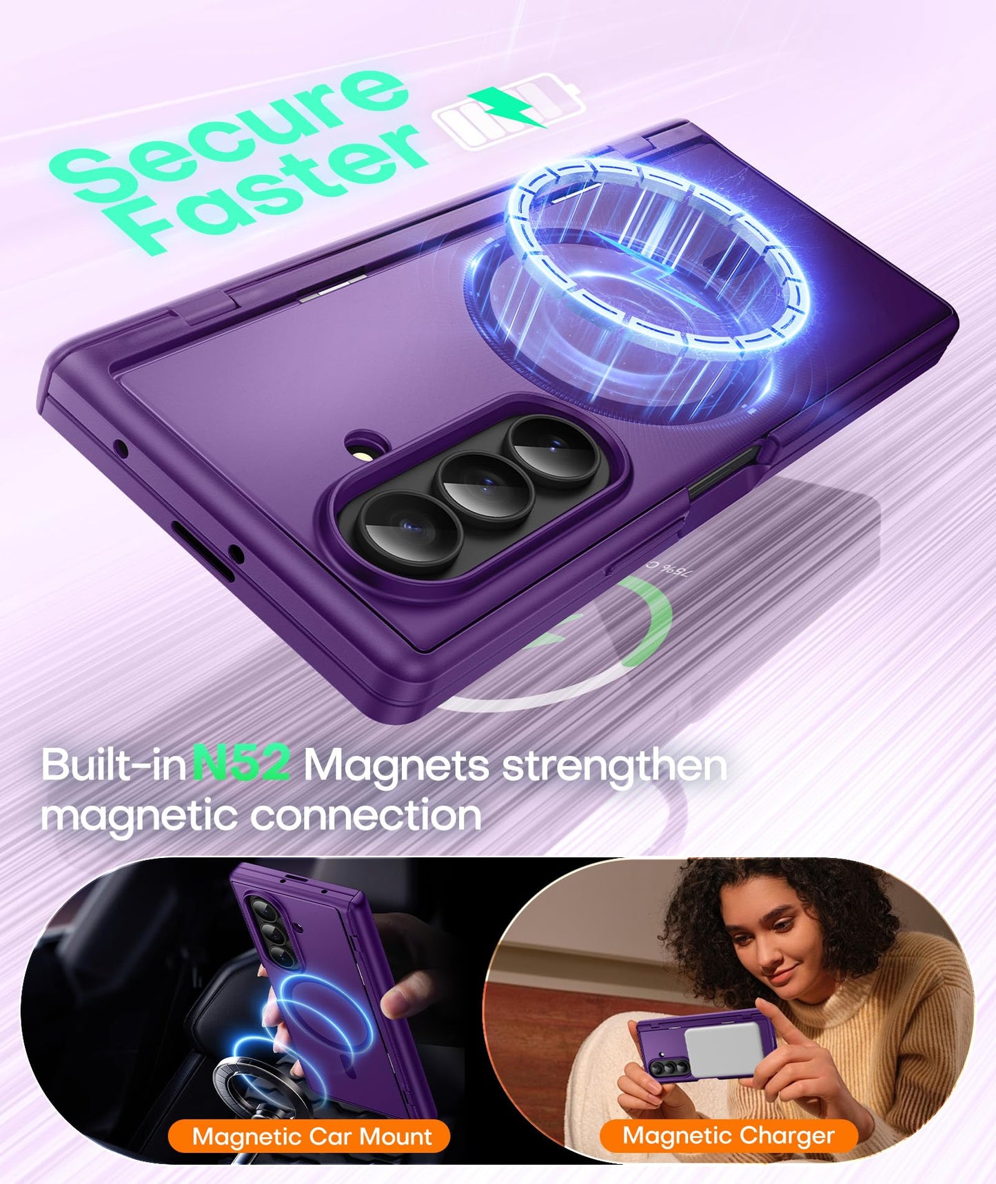 BERFY Magnetic for Samsung Galaxy Z Fold 7 Case with Privacy Screen Protector, [Compatible with MagSafe][Anti Spy] Built-in Hidden Kickstand, Full-Body Shockproof Slim Phone Case for Z Fold 7, Purple