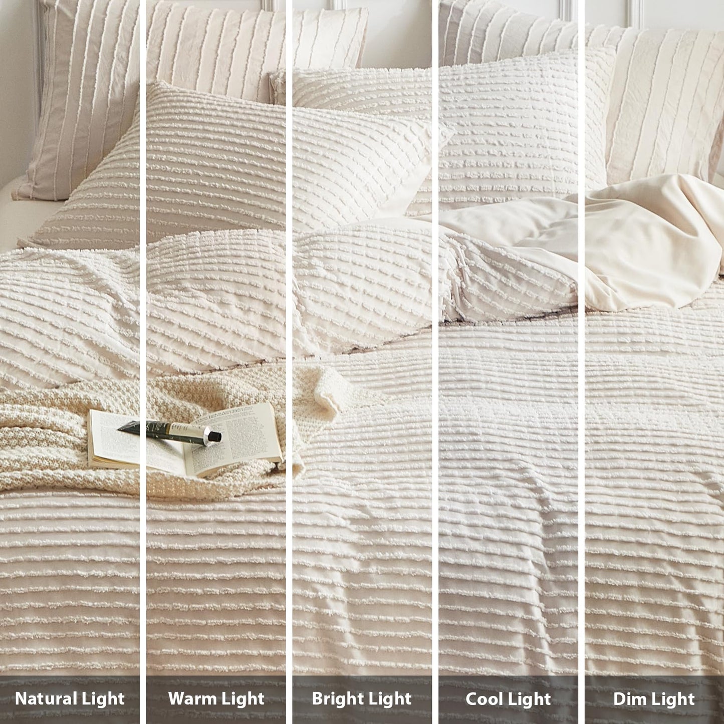 WARMDERN Boho Duvet Cover Set Queen Size,Khaki Striped Duvet Cover Microfiber Bedding Set,3PCS Ultra Soft Breathable Lightweight Tuft Texture Pattern Duvet Covers with Zipper Closure(Khaki,Queen)