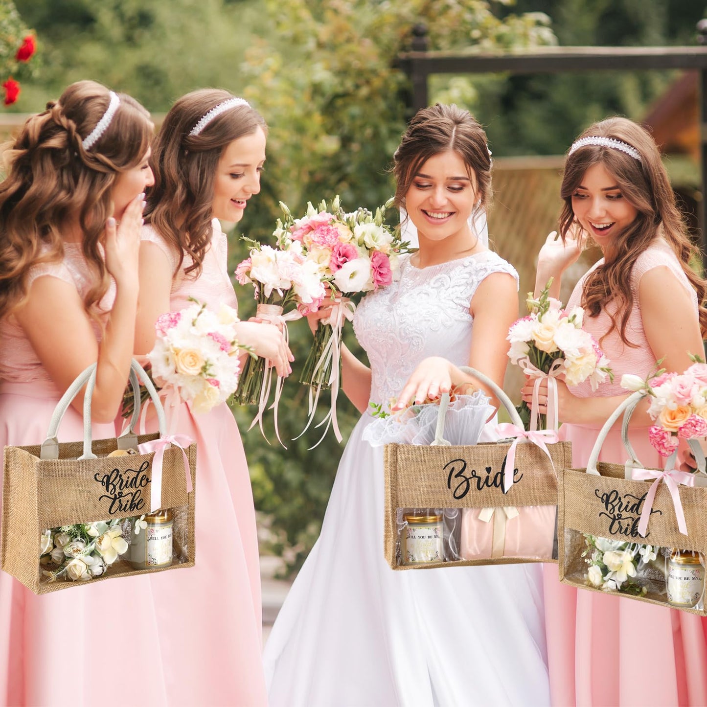 Locmeo 8 Pcs Bachelorette Beach Bag Bride to Be Bridal Party Tote Bag Bride Tribe Gifts Jute Burlap with Transparent PVC Film Window for Newlywed Bridesmaids Engagement Bachelorette Party(Jute Brown)