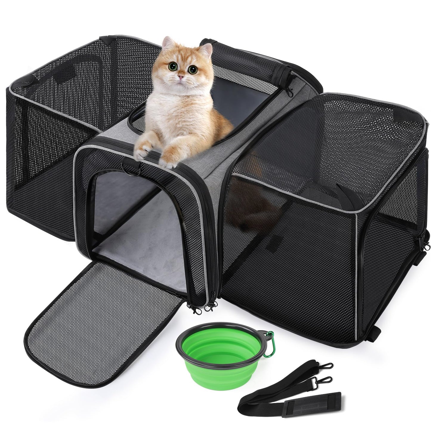 Pecute Cat Carrier Expandable 47x34x33cm, Dog Carrier Foldable, Pet Carrier with Breathable Mesh for Small to Medium Cats and Dogs, Used for Traveling, Camping, Going to The Vet Gray