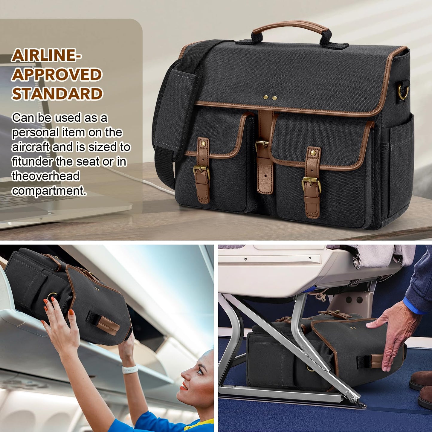 RAINSMORE Messenger Bag Men Canvas 15.6 Inch Computer Laptop Bag Waterpfoof Satchel Bags for Men Work Office, Black