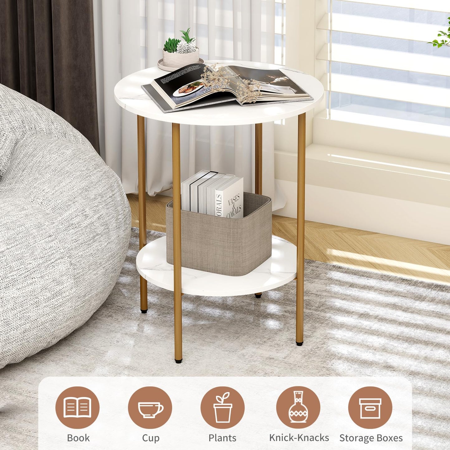 CAMOAT Side Table,Round End Table with 2 Storage Shelves| Compact Side Tables for Living Room, Couch, Office & Bedroom | Narrow Accent Table as Space-Saving Small Bedside Table (Marble White)
