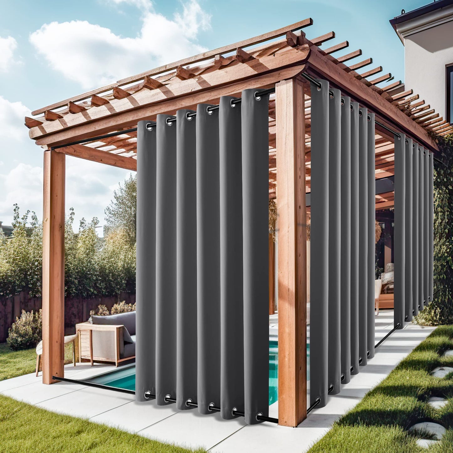 NICETOWN Outdoor Curtains Waterproof for Gazebo, Thermal Insulated Top and Bottom Rustproof Grommet Windproof Sunlight Block Patio Drapes, 2 Panels, 84 x 84 inches, Grey