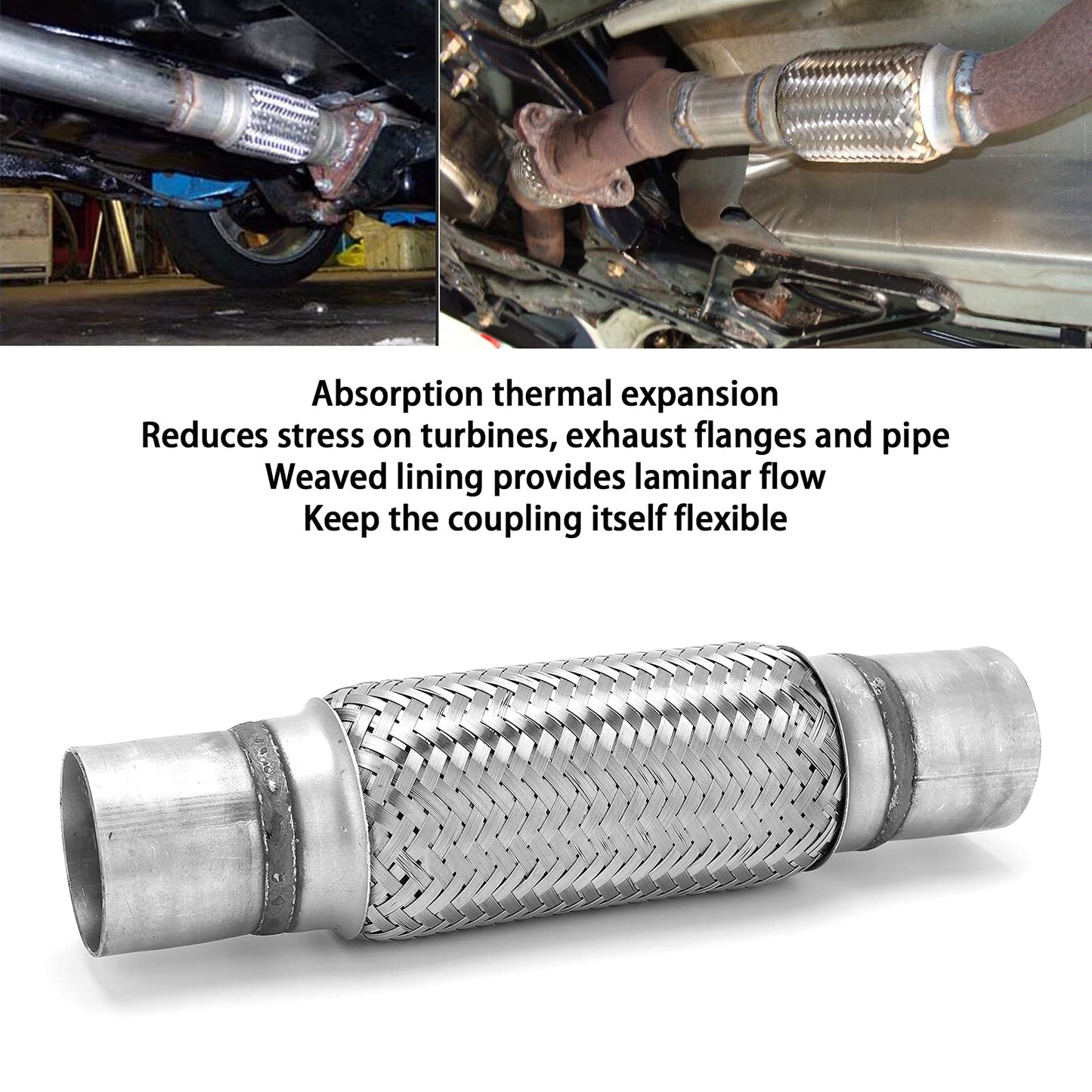 Stainless Steel Exhaust Flex Pipe, 2.25x12in Woven Exhaust Repair Flexible Pipe Bellows Flex Joint 57mm Stainless Steel for Car