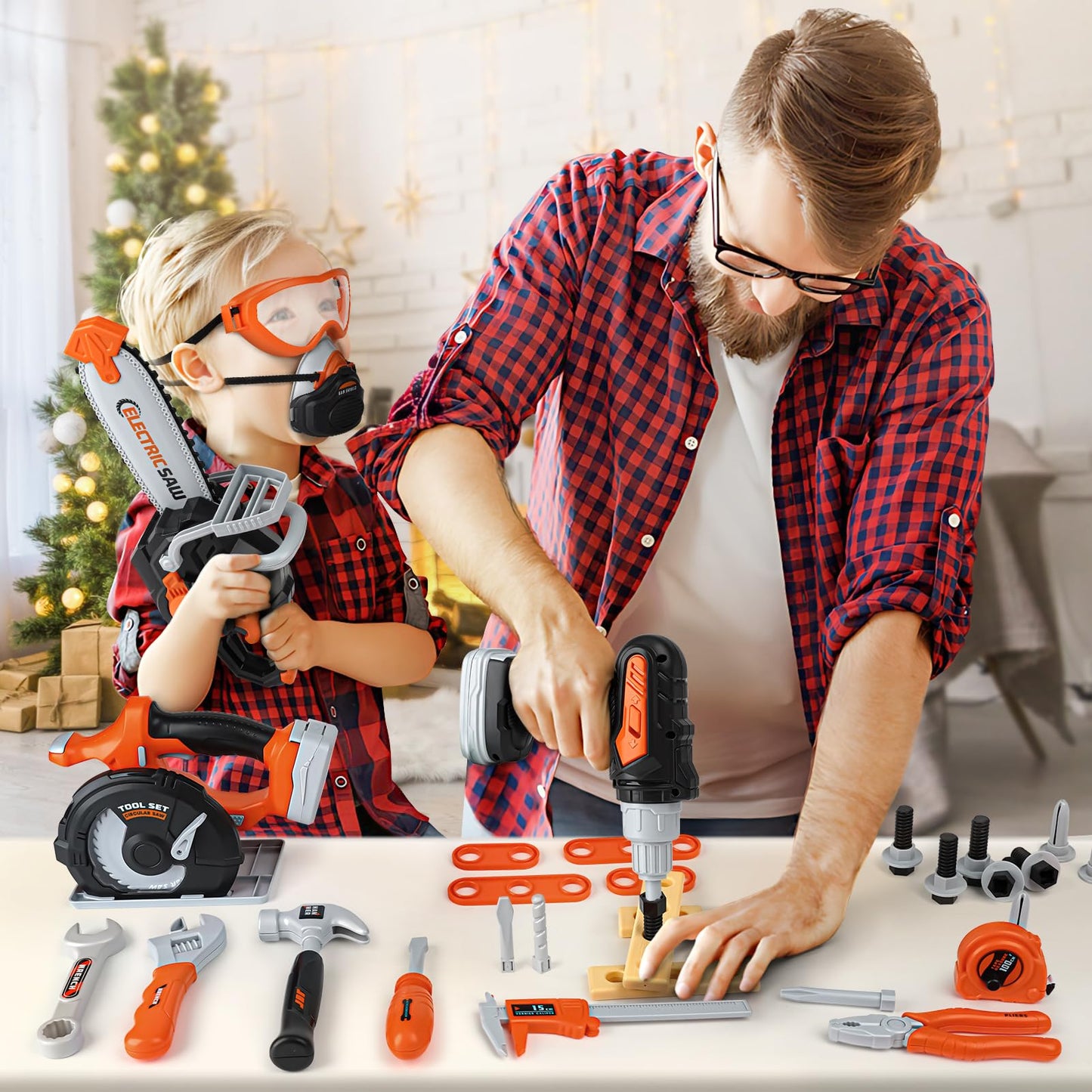 Kids Tool Set - Pretend Play Construction Toys for 3 4 5 Year Old Boy Gifts, Preschool Learning Tool Set with Electronic Drill/Chainsaw Toy/Circular Saw, Toddler Take Apart Stem Toys for Kid 3-5