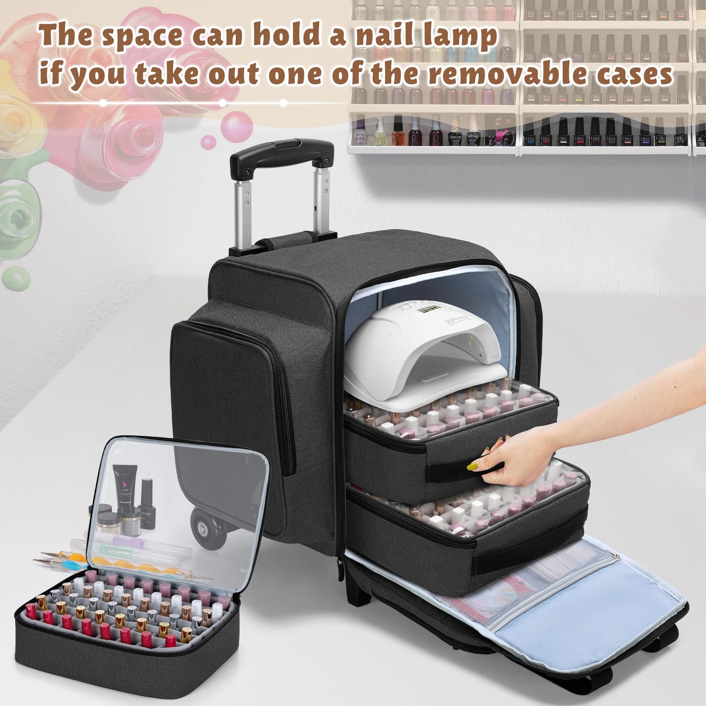 BAFASO Rolling Nail Polish Organizer Holds 144 Bottles, Nail Polish Case with a Detachable Dolly and 3 Removable Cases (Patented Design), Black