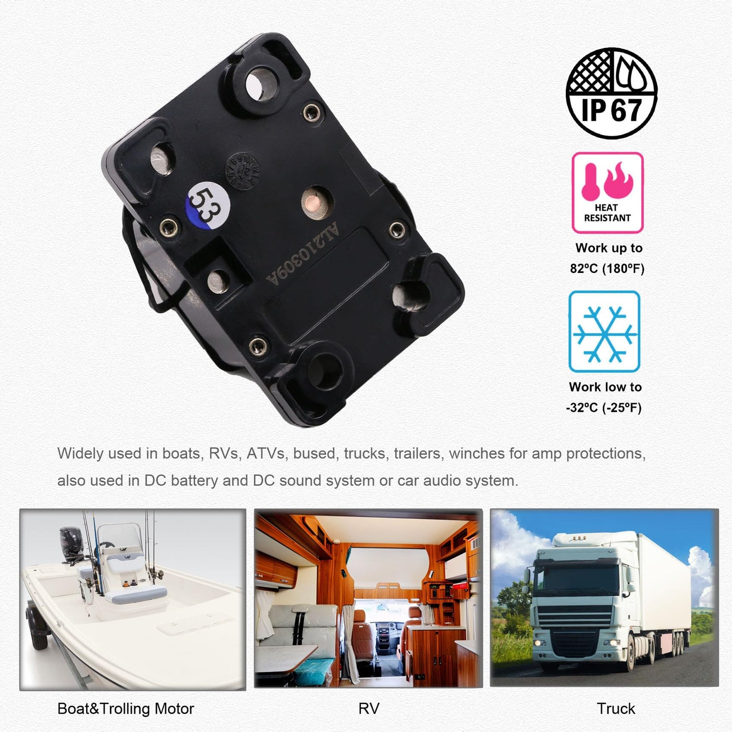 T Tocas T3 Surface-Mount 80 Amp Circuit Breaker with Manual Reset Switch Button, 12V - 48V DC, Waterproof 80A