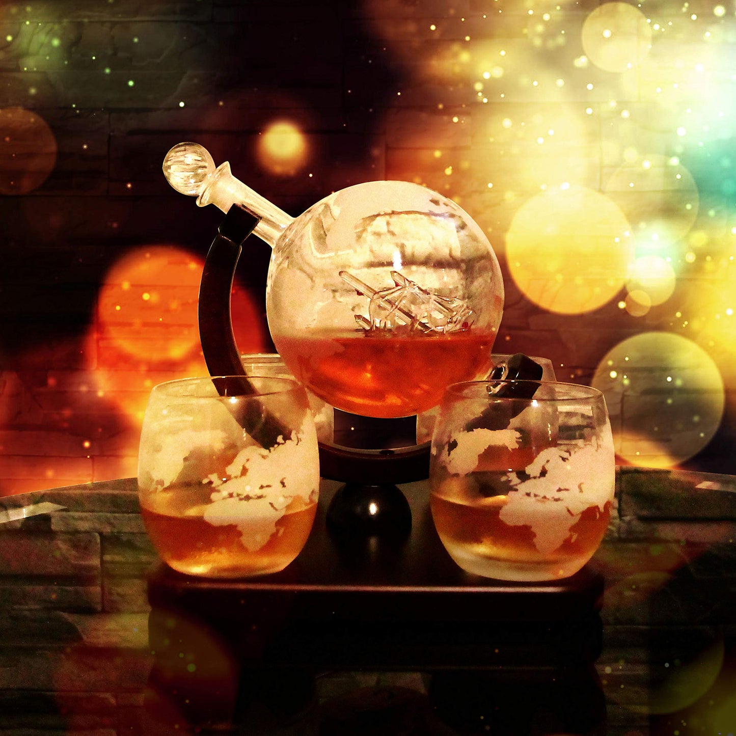 Krown Kitchen - Globe Decanter Gift Set. Includes Wood Base, 4 Glasses, 4 Coasters, Shot Glass, and Funnel.