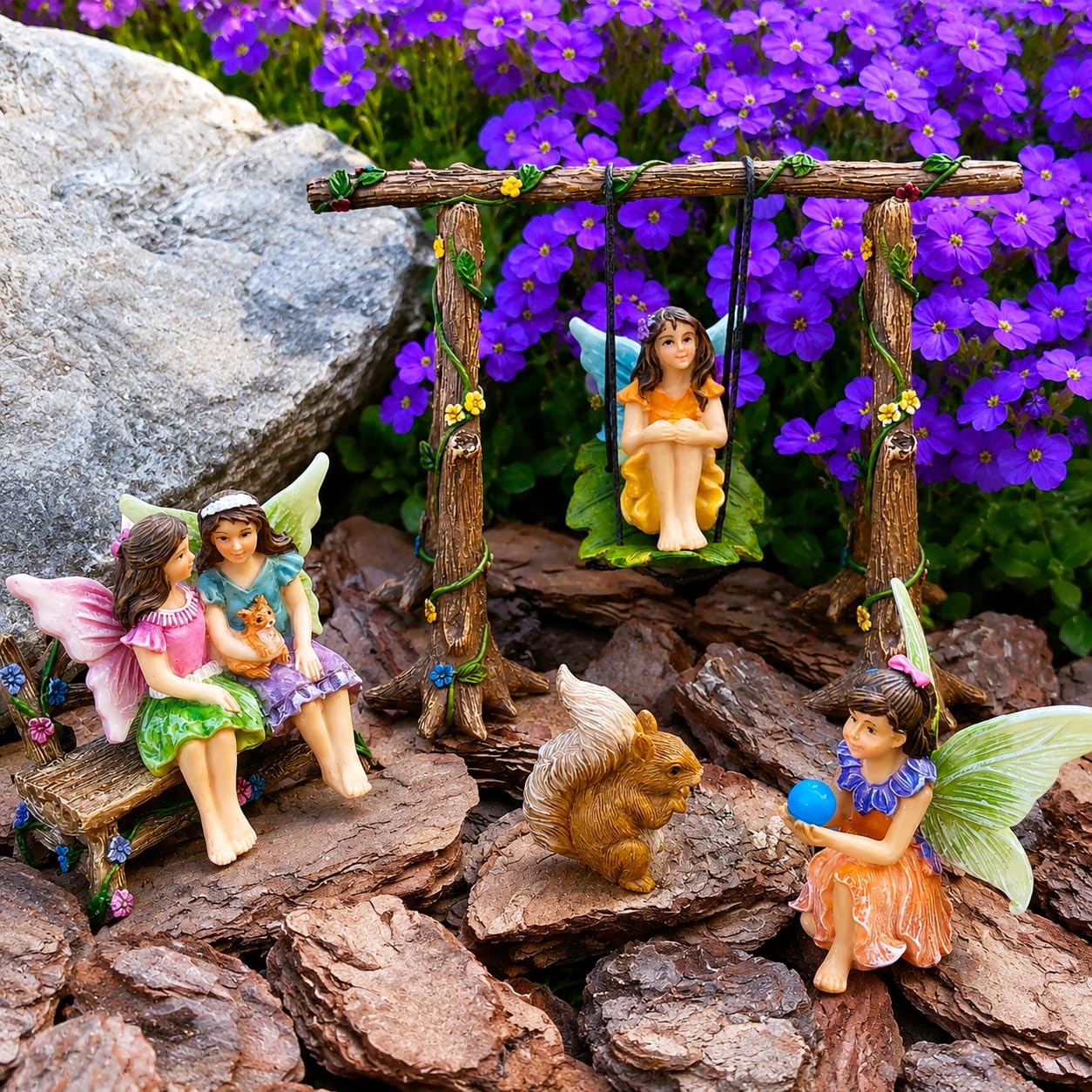 Mood Lab Fairy Garden Swing Set - Miniature Figurines & Accessories (6 pcs) - Indoor Outdoor Garden Decor