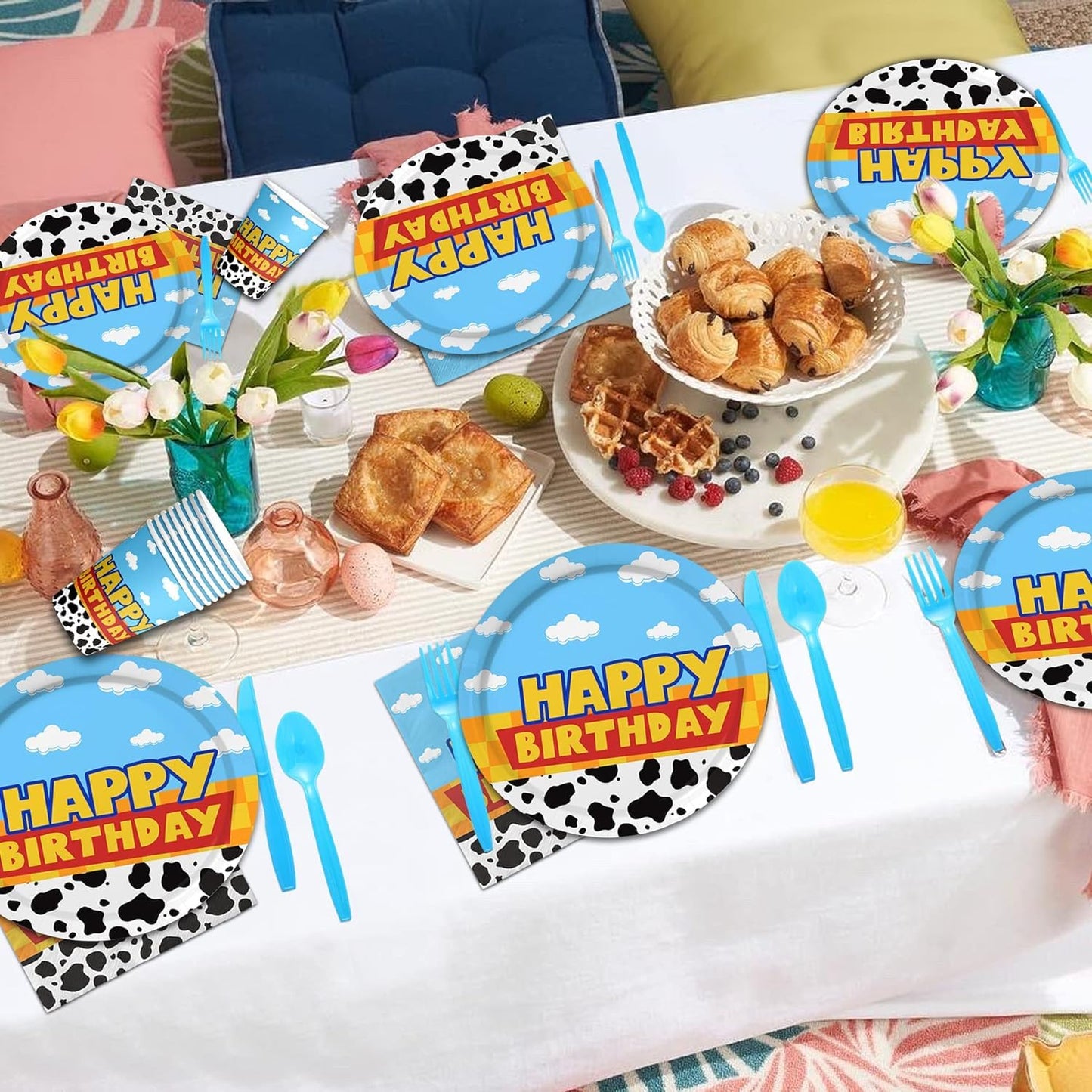 Inspired Story Birthday Party Supplies Cartoon Story Birthday Party Decorations Cartoon Story Plates and Napkins Tableware Set Blue Cloud Cow Print Party Supplies