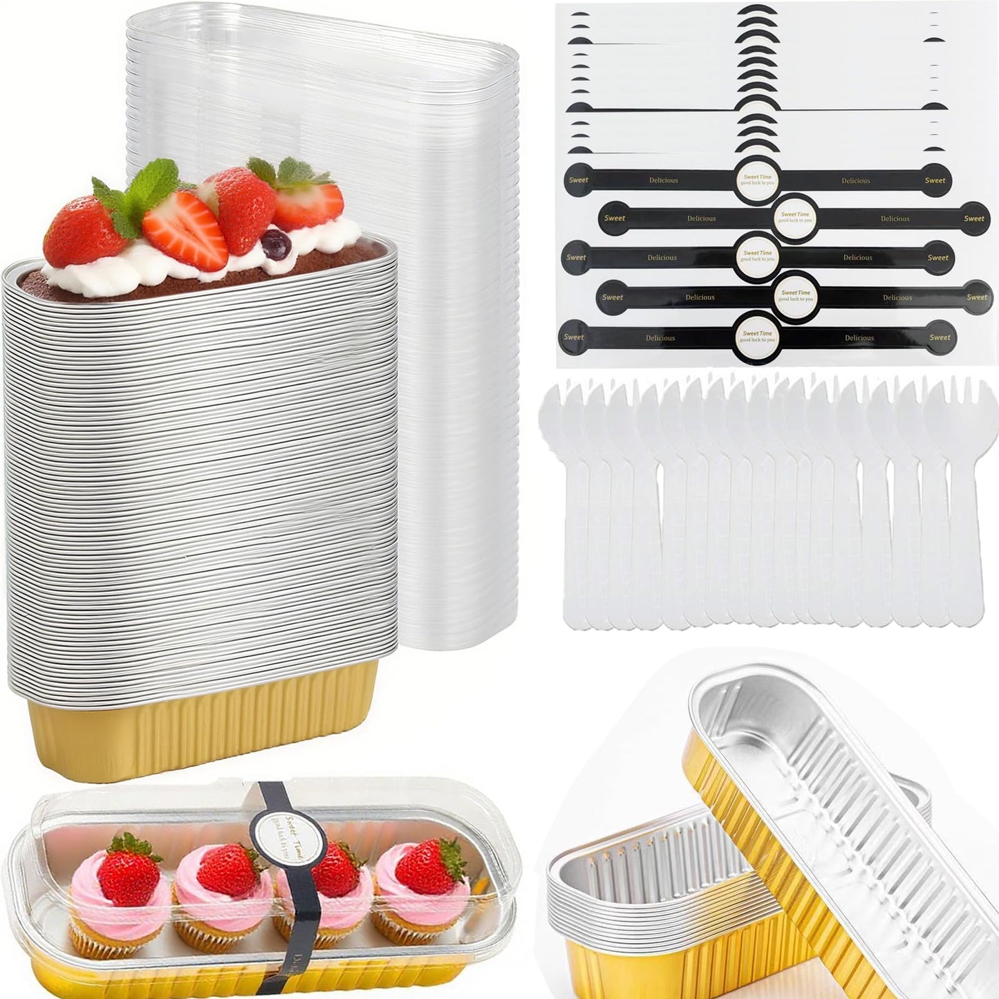 100 Pack Mini Loaf Pans with Lids and Spoons Sealing Sticker, 6.8oz Mini Cake Pans for Baking, Disposable Aluminum Foil Loaf Pans, Loaf Baking Pans, Small Cake Containers with Lids(Gold)