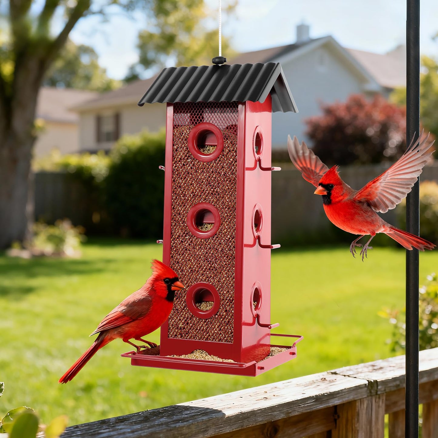 Shineforu All Metal Bird Feeder for Outdoors Hanging | 14-Port Multi-Bird Viewing | Rust-Proof, Waterproof & Easy-Clean | Attracts Cardinals, Finches, Chickadees & More (Elegant Red & Black)