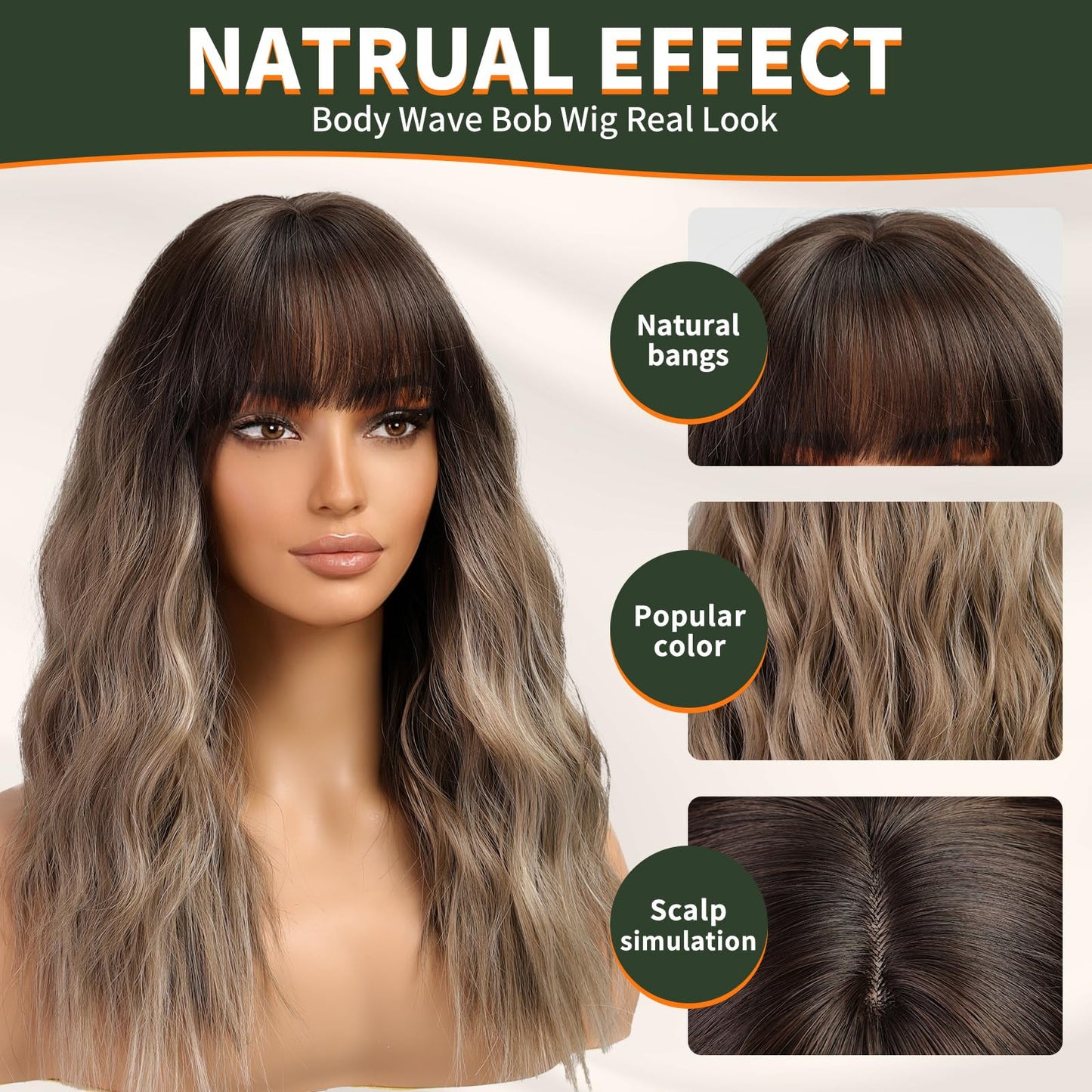 KOME Brown Wig with Bangs,Brown Highlight Wavy Wigs for Women,Shoulder Length Curly Synthetic Hair Wig for Party Daily Use 18IN…