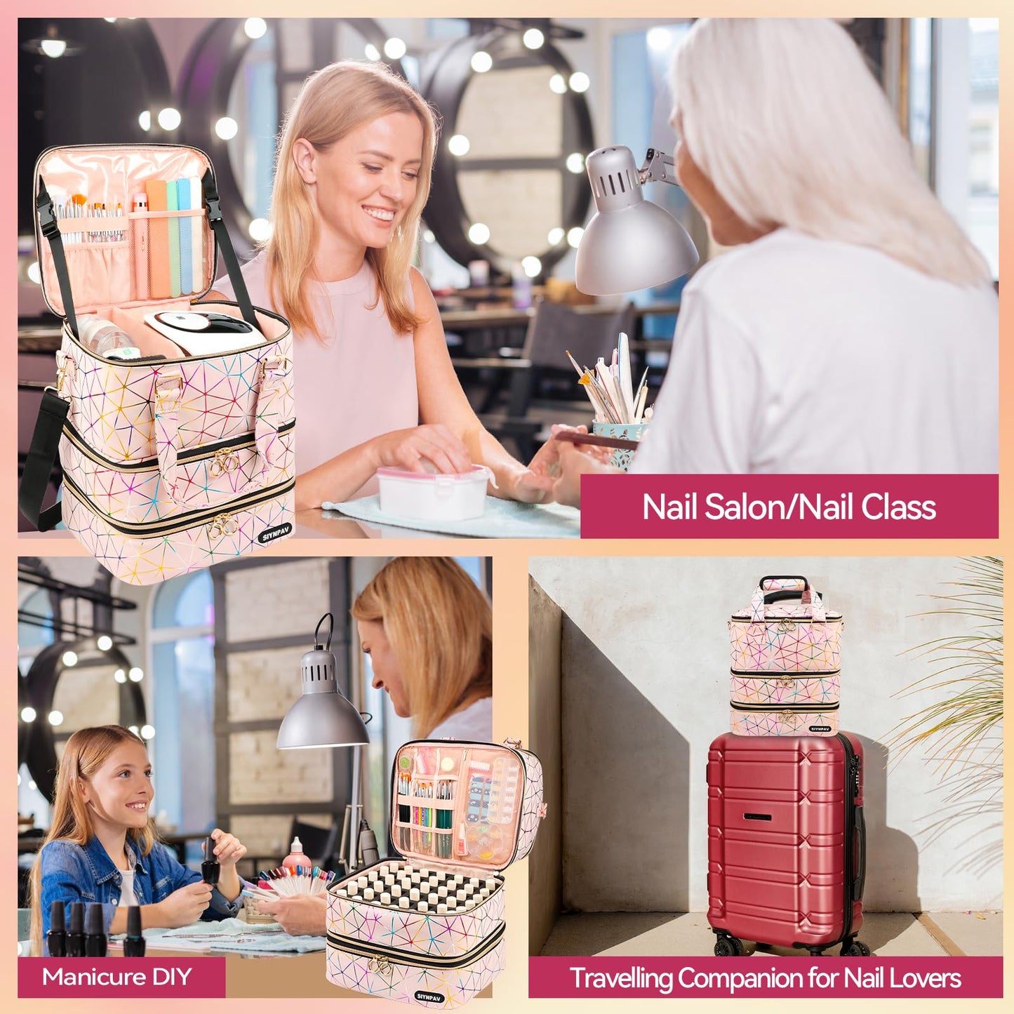 SIYNPAV Nail Polish Organizer, Pink, XL Large-84 Bottles, Three Layer Detachable Nail Polish Bag Organizer Carrying Case With Shoulder& Holder Strap