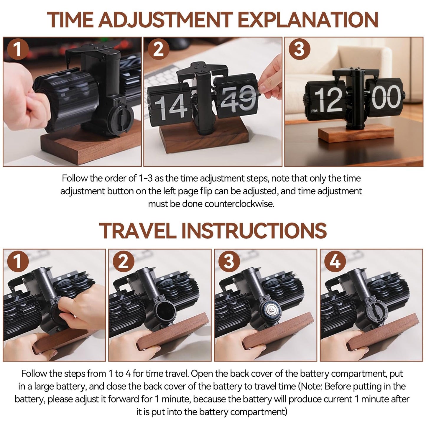 Retro Flip Clock for Desk, Mechanical Clock Digital Flip Down Clock Retro Automatic Turning Large Number Battery Powered Flip Desk Clock Internal Gear Operated for Home Office Decor