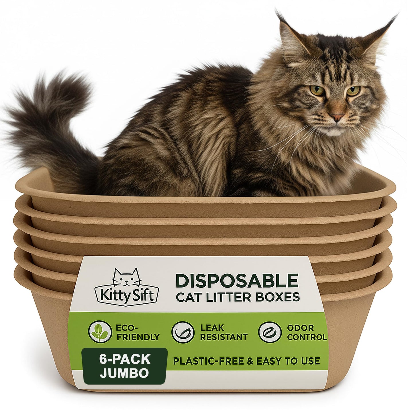 Kitty Sift (6-Pack) Disposable Cat Litter Box, Sustainable, Clean - Jumbo, 6-Pack