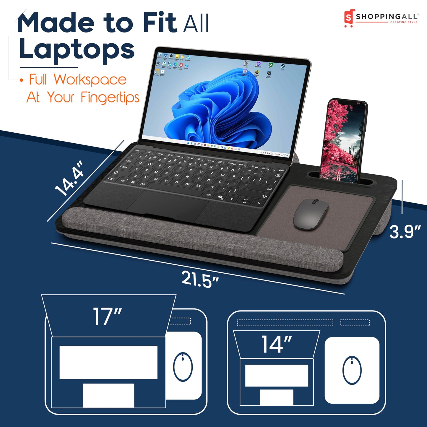 SHOPPINGALL Lap Desk Portable Laptop Stand Desk Fits up to 17" Laptop with Cushion Wrist Rest Mouse Pad, Tablet & Cellphone Holder for Sofa Couch & Bed, Home & Office Portable Desk - SA-BR182C-Black