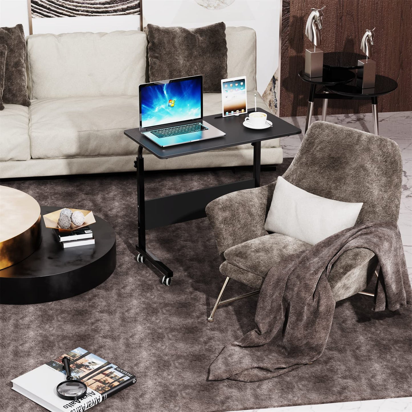 SogesPower 31.5 inches Mobile Laptop Desk Adjustable Height Stand Side Table with Wheels Workstation Laptop Computer Stand Bedside Table Portable Side Table for Bed Sofa,Mobile End Desk,Black