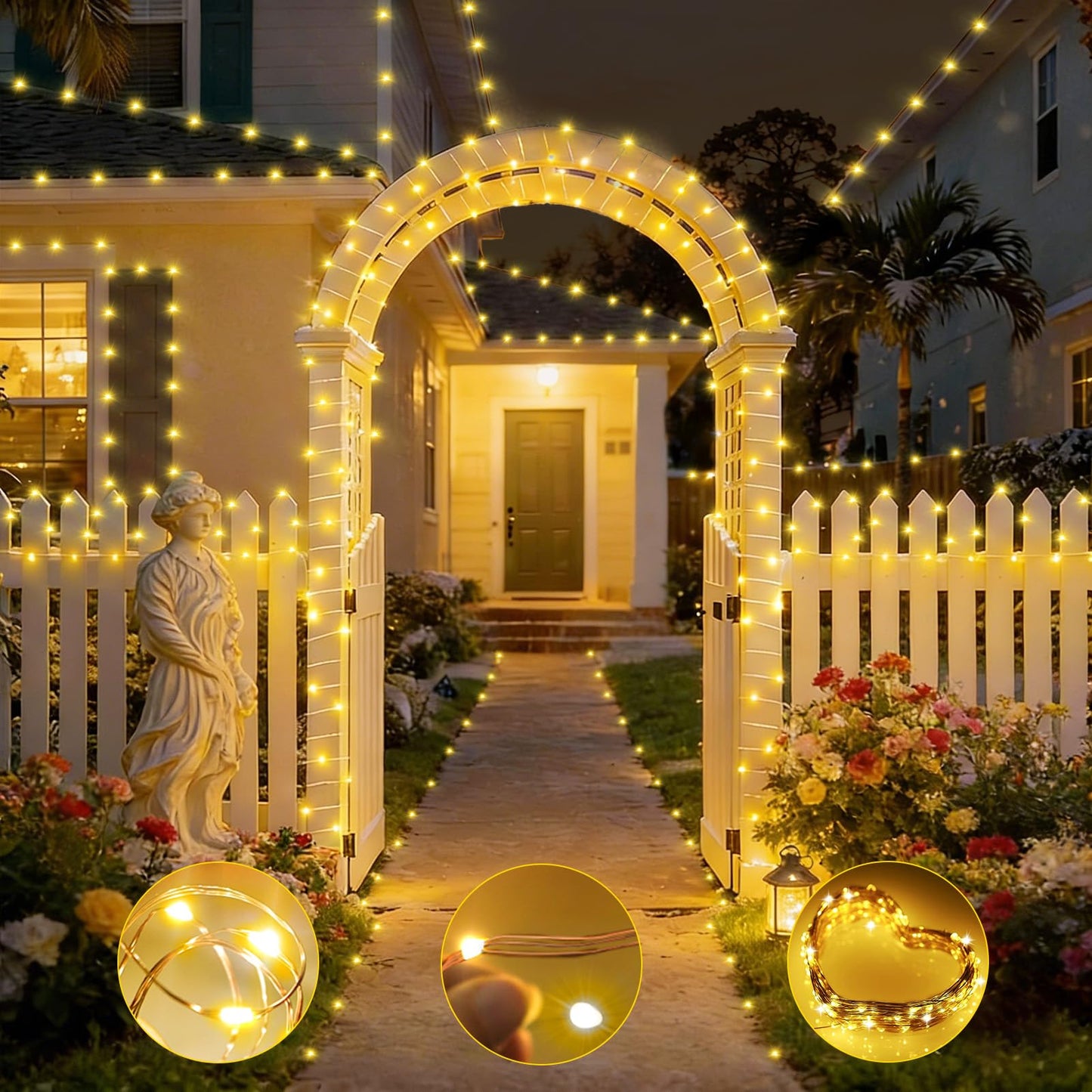 KNONEW Fairy Lights Plug in, 203FT 600 LED String Lights Indoor Outdoor Waterproof 8 Modes Memory Times Twinkle Lights for Wedding Bedroom Walls Garden Trees Decoration(Warm White)