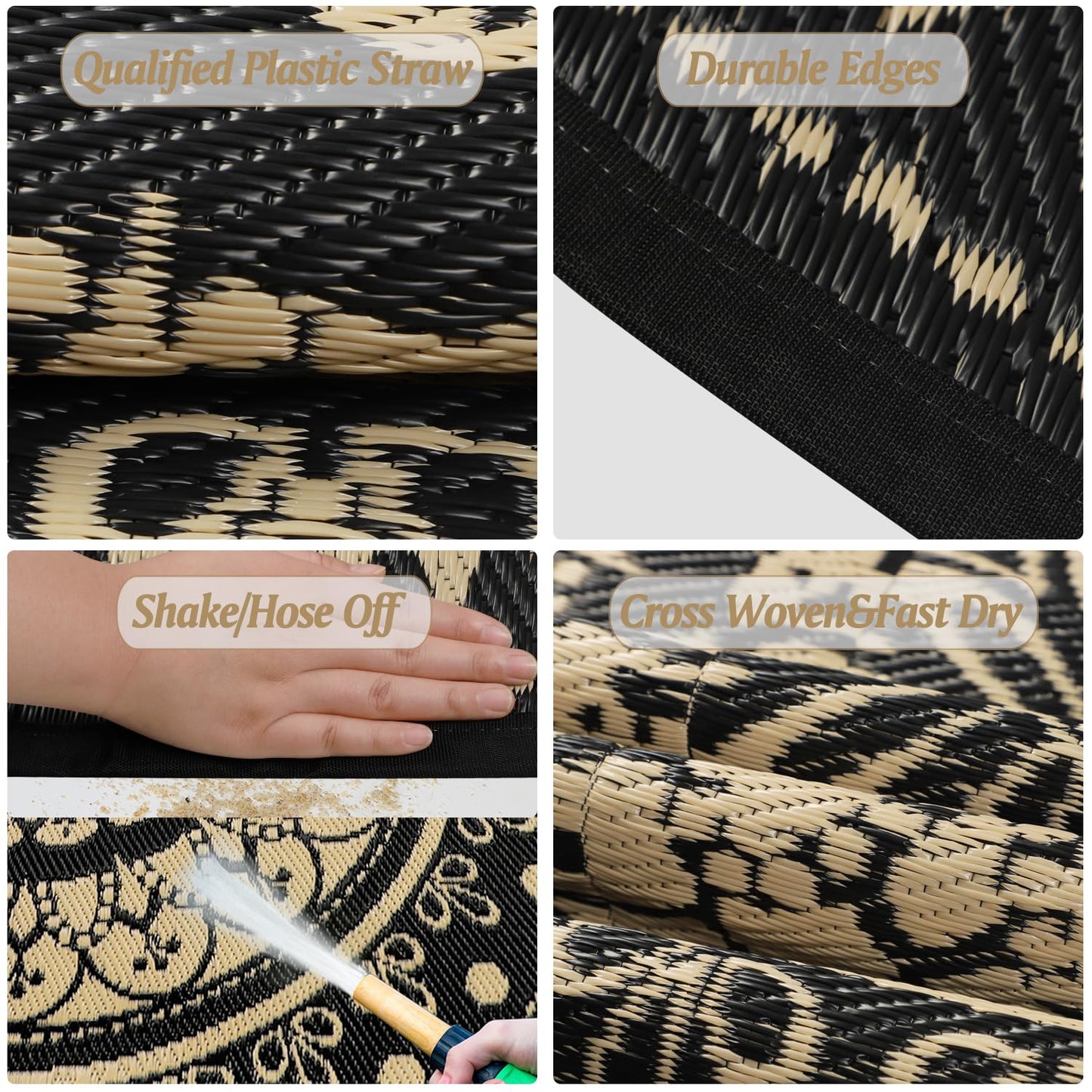 Cekene Round Outdoor Rugs for Patio 8Ft Waterproof Reversible Outdoor Patio Rugs Black Lightweight Plastic Straw Rugs Portable RV Camping Mat Floor Carpet for Deck Porch Picnic BBQ