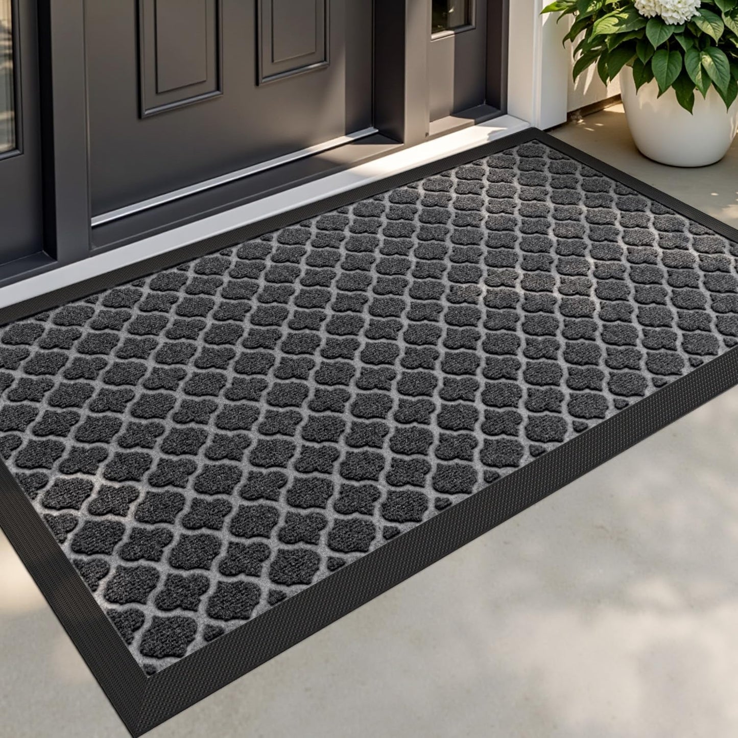 DEXI Door Mat Outdoor Entrance, 2x4 Large Rubber Waterproof Rug for Front Indoor Dirt Trapper, Heavy Duty Doormat Entry Floor with Non Slip Bottom, Floral Black