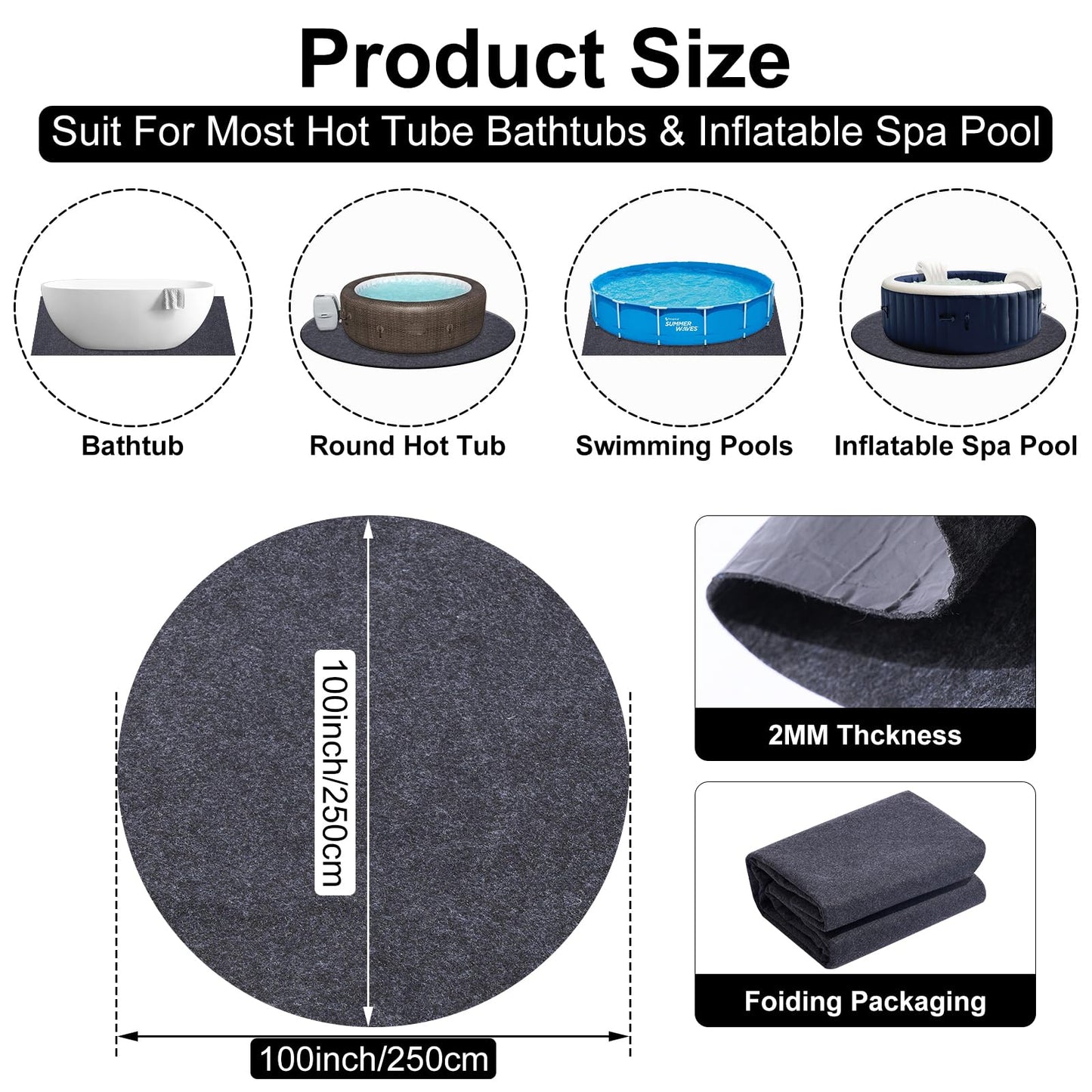 ALYCLIP 100 Inch Round Mat for Inflatable Hot Tub Outdoor Pad Waterproof Spa Pool Ground Base Flooring Protector Slip-Proof Backing for Protect Hot Tub Pool from Wear