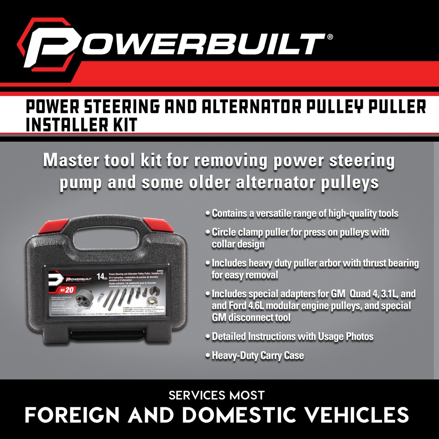 Powerbuilt Alltrade 648605 Kit 20 Power Steering and Alternator Pulley Removal and Installation Tool Set