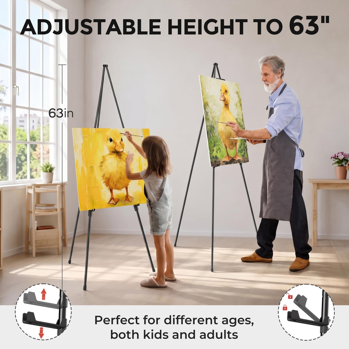 Nicpro Folding Easels for Display, 2 Pack 63 Inch Metal Floor Easel Stand Tripod Black Portable for Artist Poster Wedding with Carry Bag