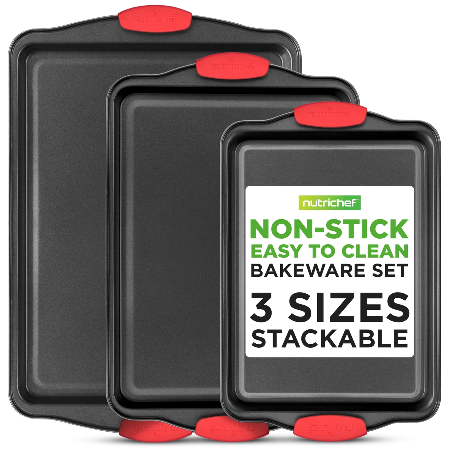 NutriChef Baking Sheet Set - 3 Piece Nonstick Cookies Sheets, Premium Quality Carbon Steel with Silicone Handles for Meal Prep, Sheet Pan Dinners, Roasting