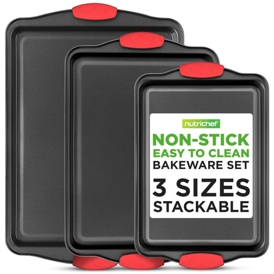NutriChef Baking Sheet Set - 3 Piece Nonstick Cookies Sheets, Premium Quality Carbon Steel with Silicone Handles for Meal Prep, Sheet Pan Dinners, Roasting