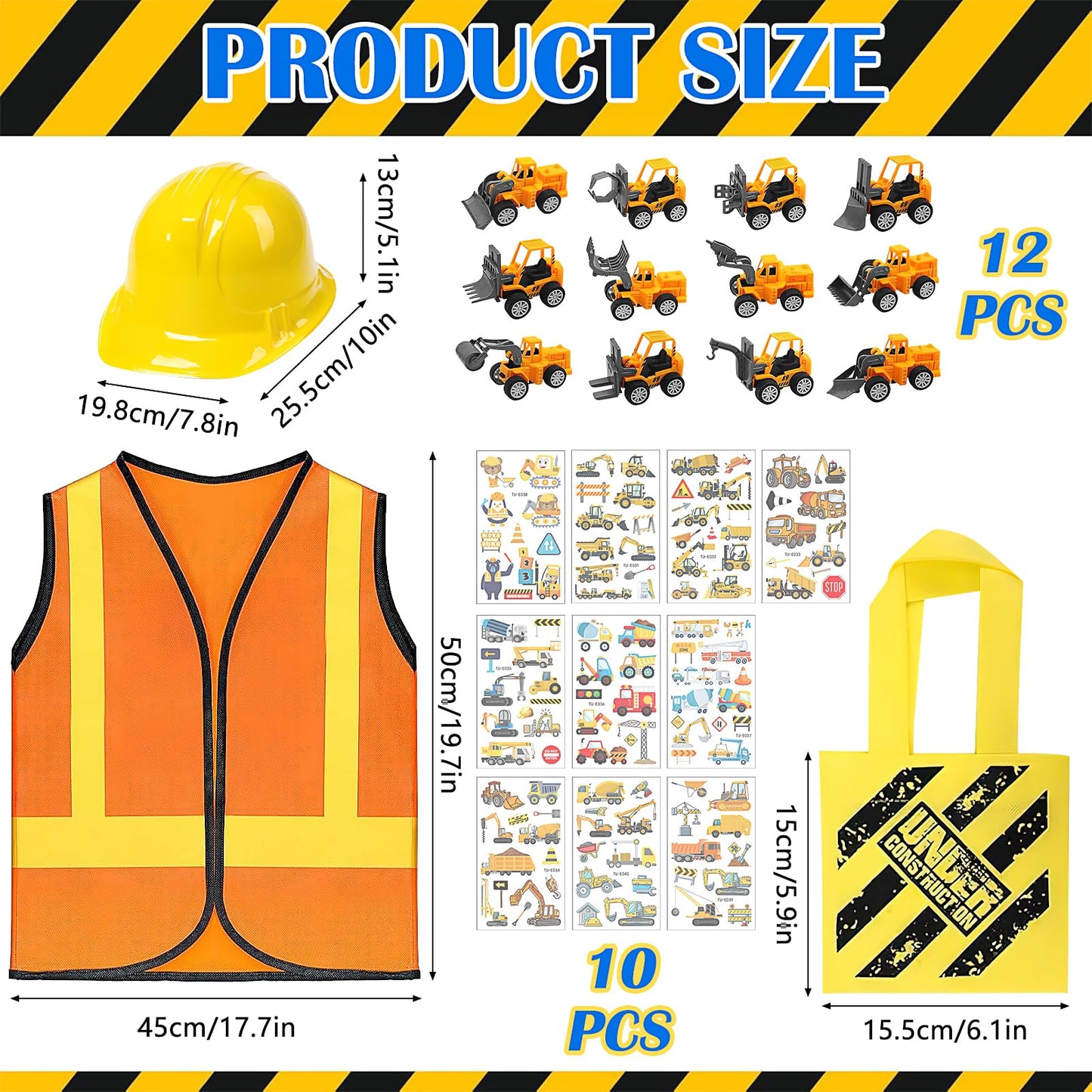 58Pcs Kids Construction Worker Costume, Includes Orange Safety Vest Bulk Worker Hats Tote Bags Construction Vehicles Stickers