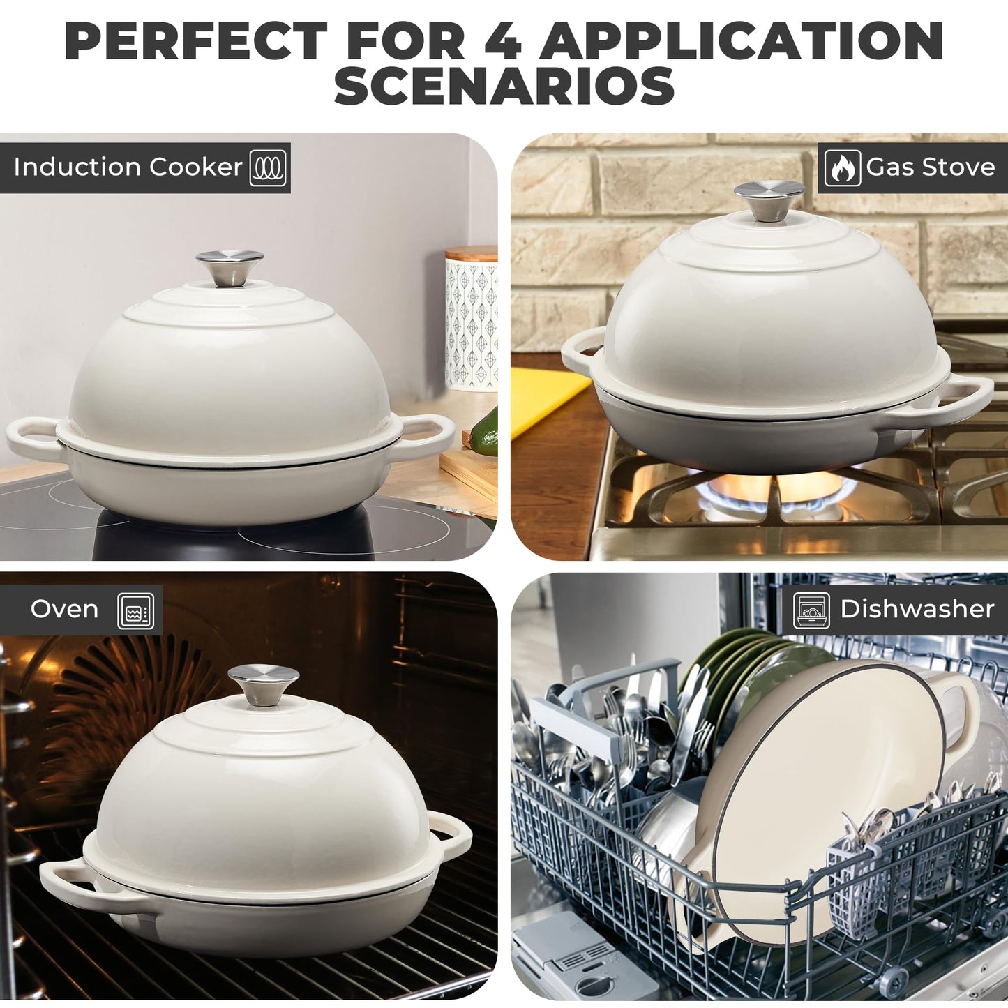 FLAVORIX Enameled Cast Iron Bread Oven for Sourdough, Dutch Oven for Bread Baking with Lid, Dutch Oven Bread Pan, 6 Qt, White