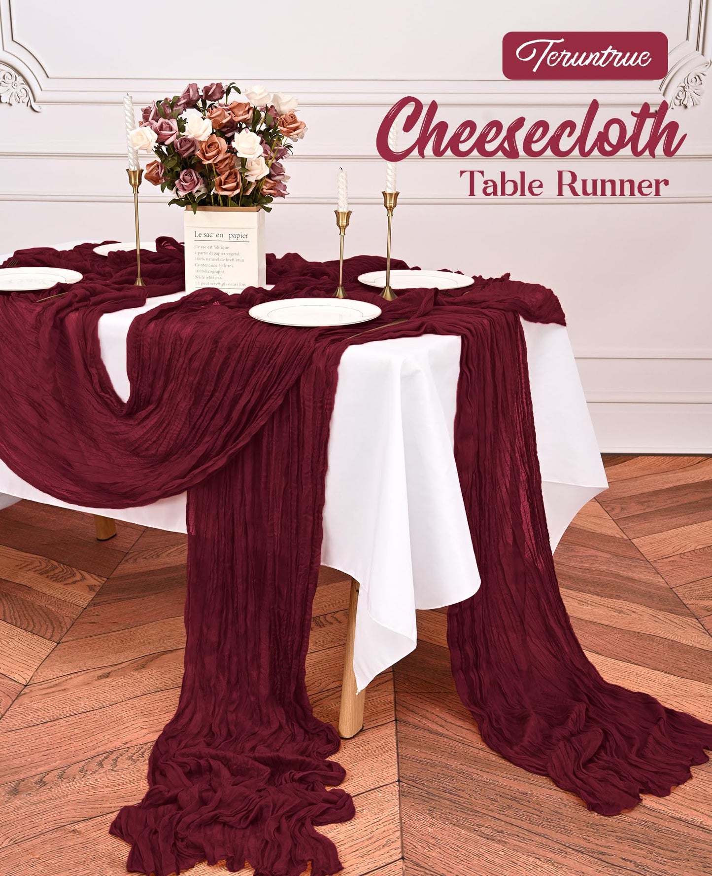 20 Pack Burgundy Table Runner 10FT Long Cheesecloth Table Runner Cheese Cloth Gauze for Wedding Party Birthday Decoration-Burgundy