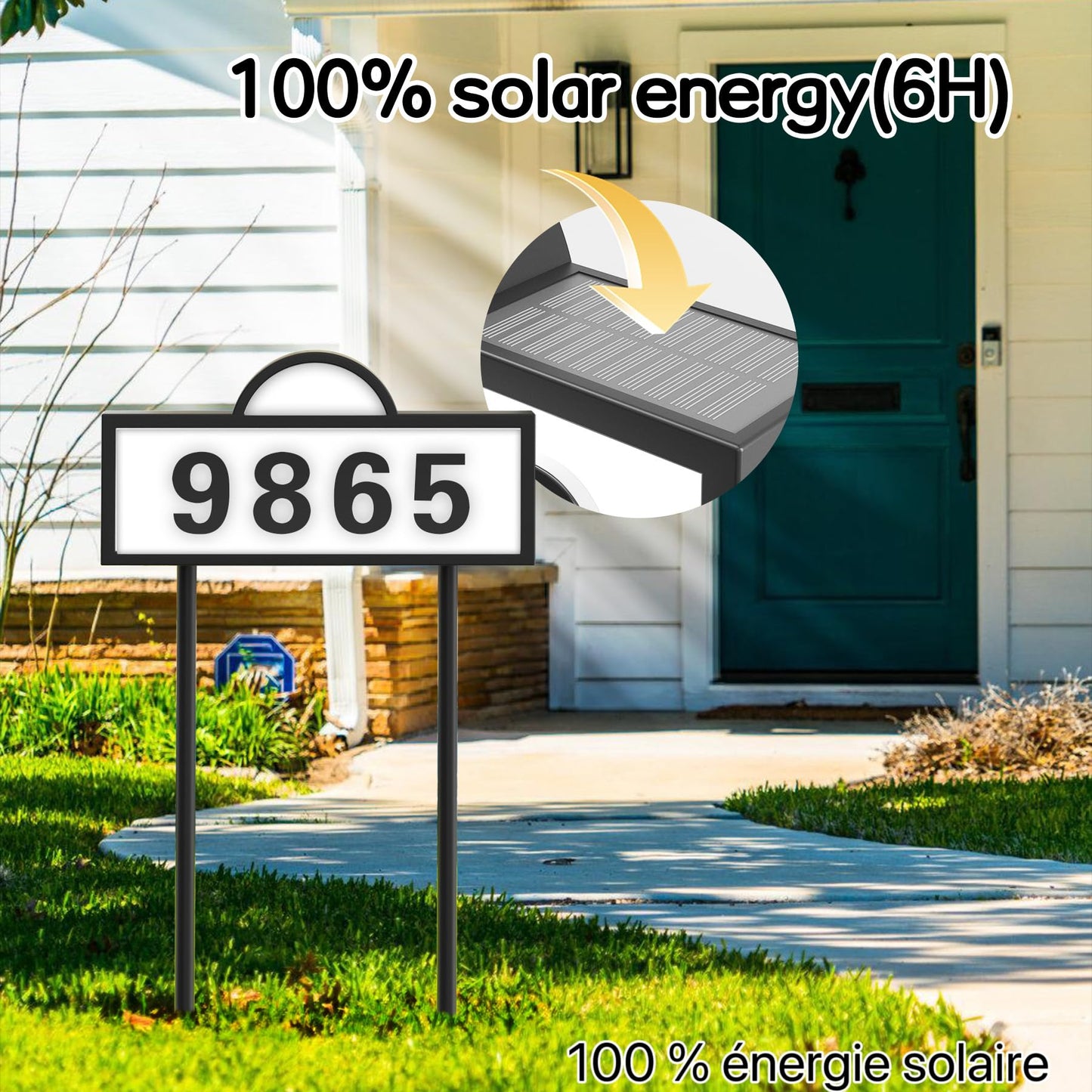 Solar House Numbers for Outside, IP65 Waterproof Address Sign with Auto On/Off, Dual-Color (Warm White& Cool White) Illuminated LED Plaque, 2-in-1 Mount for Yard, Garden & Driveway