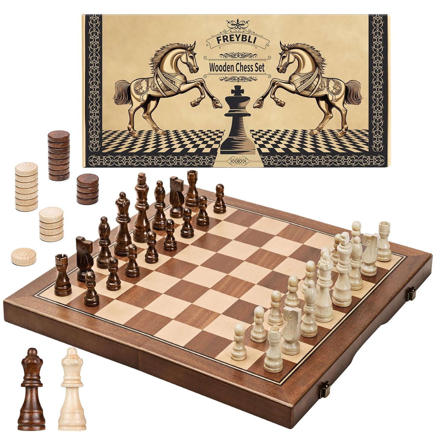 FREYBLI Magnetic Wooden Chess Board Set for Adults Kids, Handcrafted 15 Inch Chess and Checkers Set, Folding Portable Travel Unique Chess Game for Tournament Professional Beginner, 2 Extra Queens