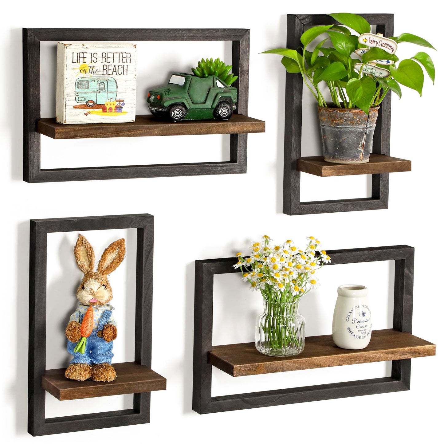 DifferTemp Floating Shelves for Wall, Modern Farmhouse Wall Shelves Decor Set of 4, Wall Mounted Rustic Wood Shelves for Wall Decor and Small Plants, Living Room, Bedroom, Bathroom, Home Office, Black