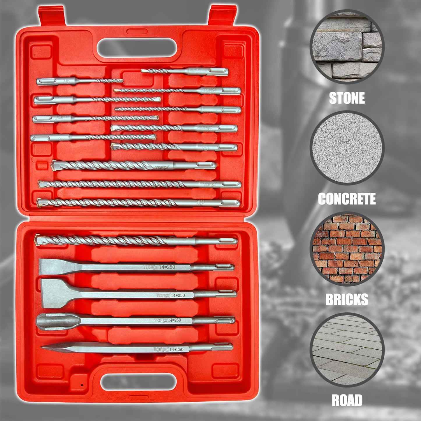 TOPEX 17 Piece SDS Plus Rotary Hammer Drill Bits Set & Chisel Bits Hole Tool Set Drilling Bricks, Concrete, Wall,Stone