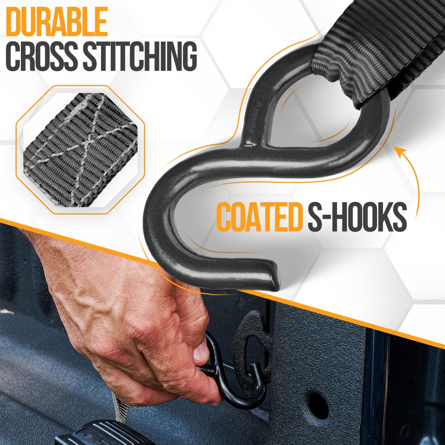 FORTEM Ratchet Straps, 748kg Break Strength, 4 4.57M Tie Down Strap Set, 4 Soft Loops, Motorcycle Straps Tie Downs, Cargo Straps for Trucks, Rubber Handles, Coated Metal Hooks, Carry Bag