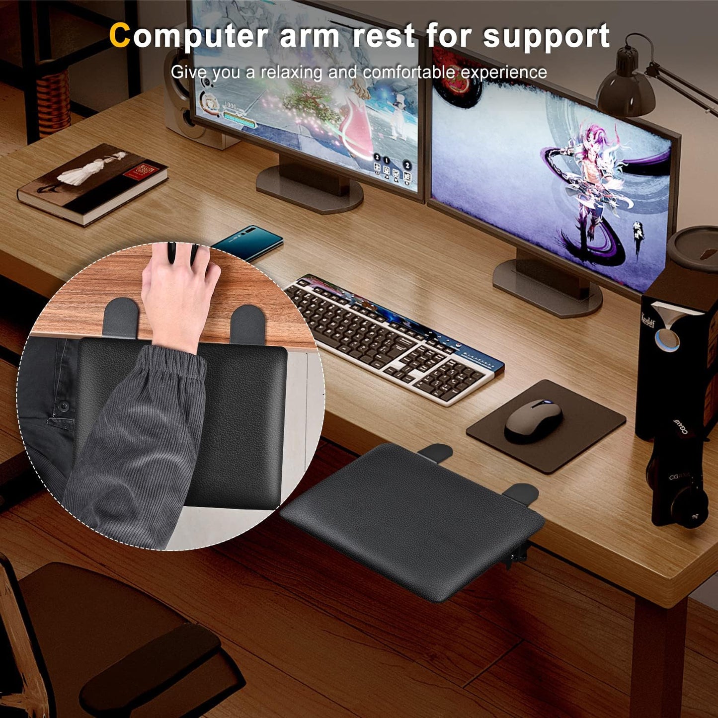 Giecy Desk Extender Adjustable Arm Rest for Computer Desk, Ergonomic Desk Extension Clamp On Table Extender Rotating Mouse Pad, Foldable Elbow Pad for Table Office Chair
