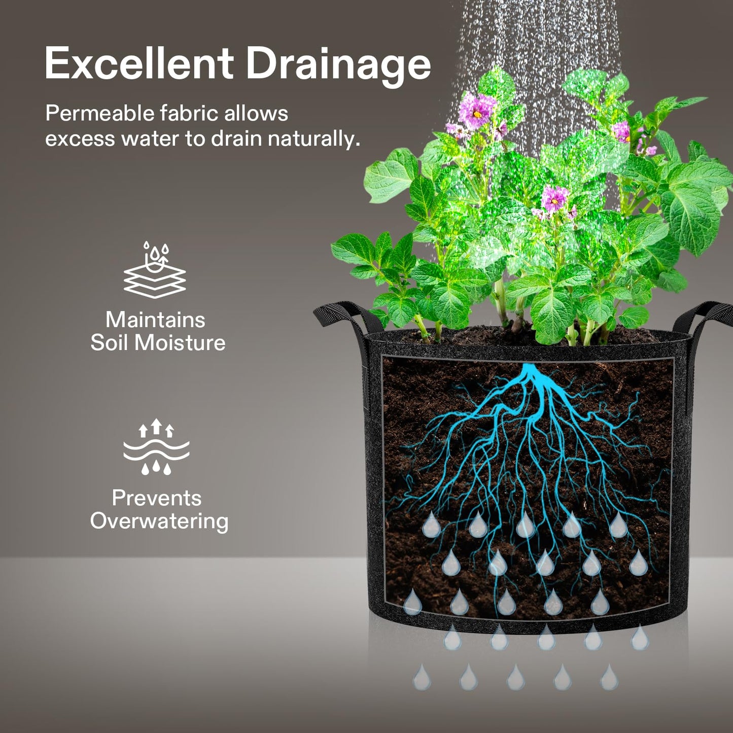 VIVOSUN 5-Pack 20 Gallons Grow Bags Heavy Duty Thickened Nonwoven Fabric Pots with Handles