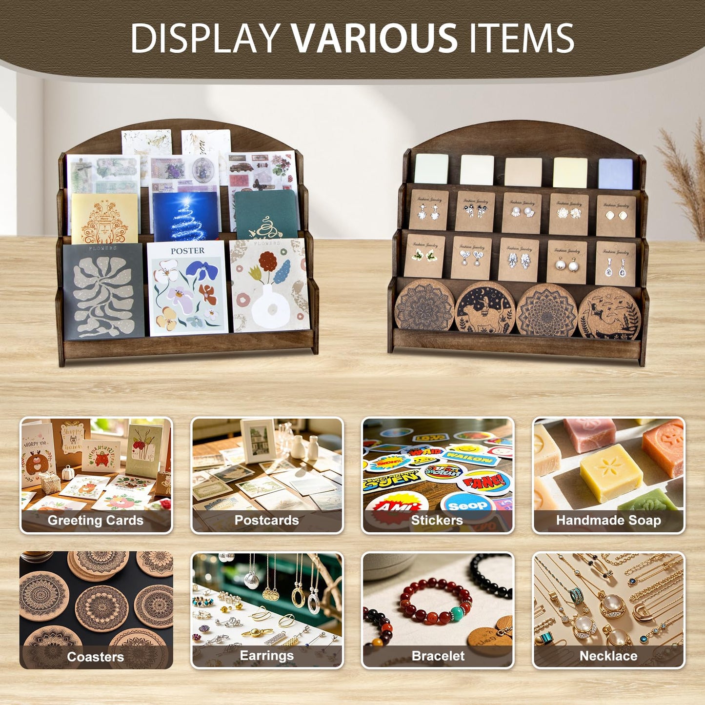 PUERSI Greeting Card Display Stand Holder - 4-Tier Wooden Organizer Rack for Retail Stores, Postcards, Stickers & Stationery Vendors, Brown