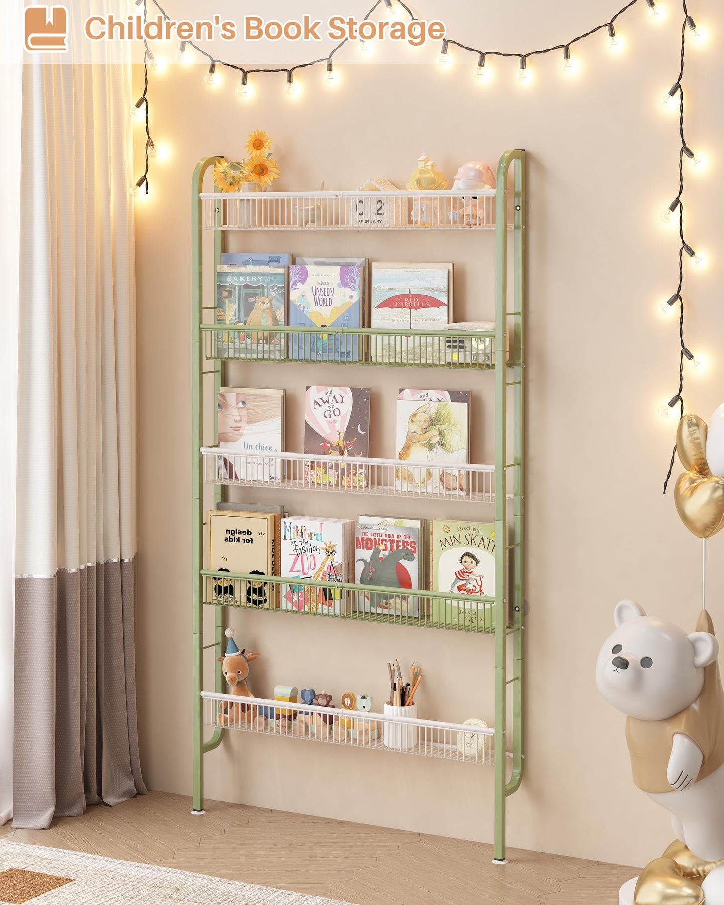 UMDONX Narrow Metal Storage Shelf Behind Door Organizer 5 Tier, Bookshelf Bookcase Book Rack Bathroom Shelving Unit Multifunctional (Green 82x9x160cm)