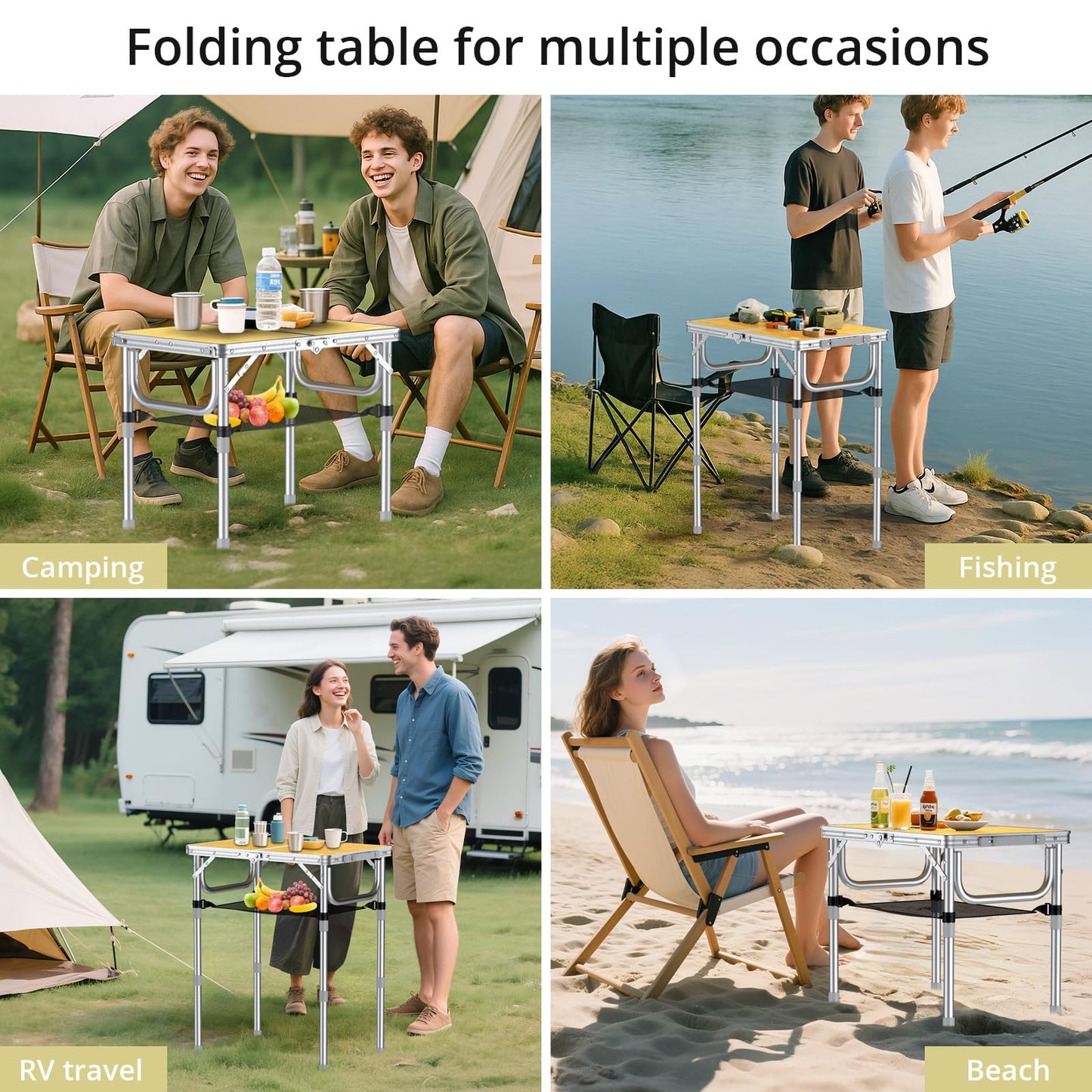Anbte 2ft Folding Camping Table, 3 Adjustable Heights High 27.5" Aluminum Small Folding Table with Carrying Handle, Portable, for Outdoor Indoor Picnic Beach BBQ Travel, 24" x 16", Light Oak Grain