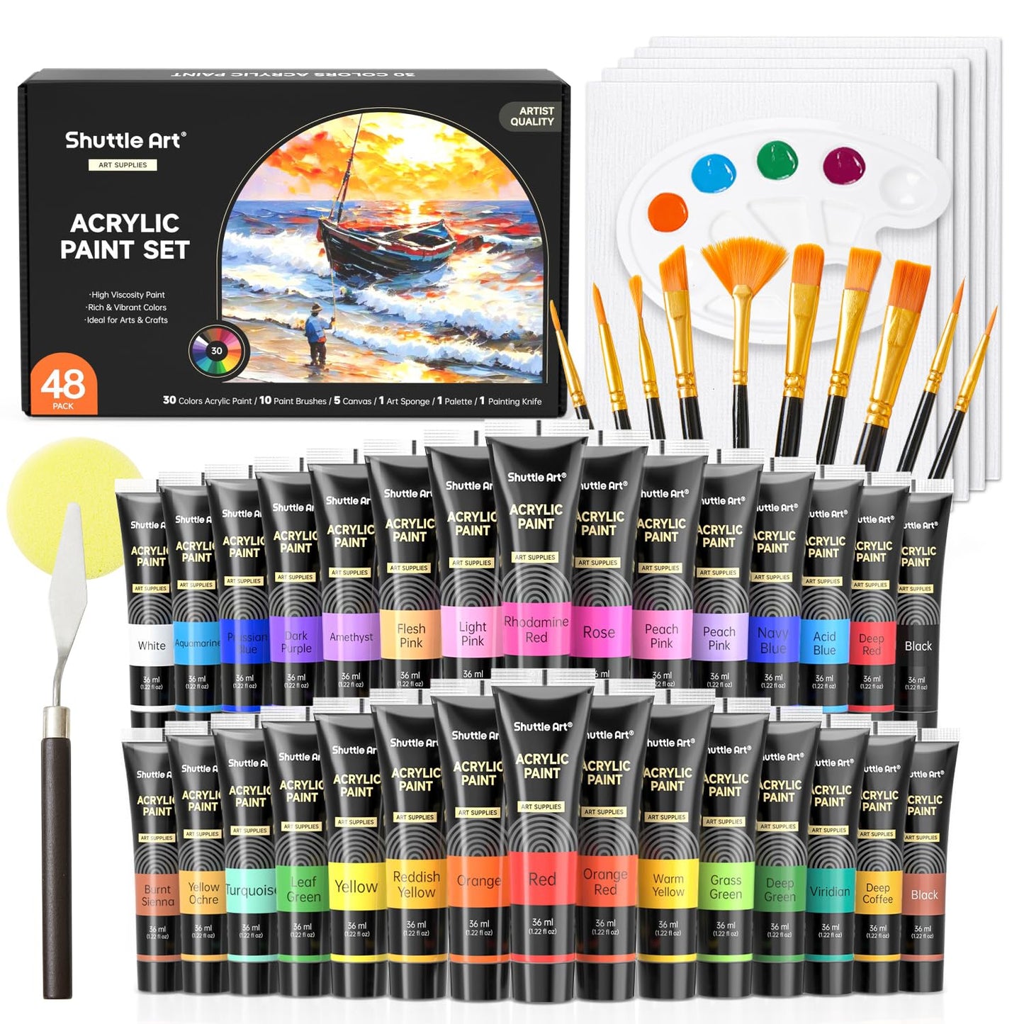 Shuttle Art 48 Pack Acrylic Paint Set, 30 Colors Acrylic Paint (36ml) with 10 Brushes 5 Canvas 1 Paint Knife 1 Palette 1 Sponge, Complete Set for Kids, Adults Painting on Canvas Rocks Wood Ceramic