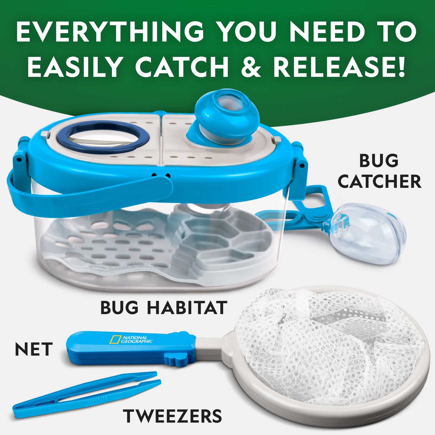 National Geographic Bug Catcher Kit for Kids - Kids Bug Catching Kit with Net, Habitat with Magnified Viewers, Tweezers, Bug Catcher & More