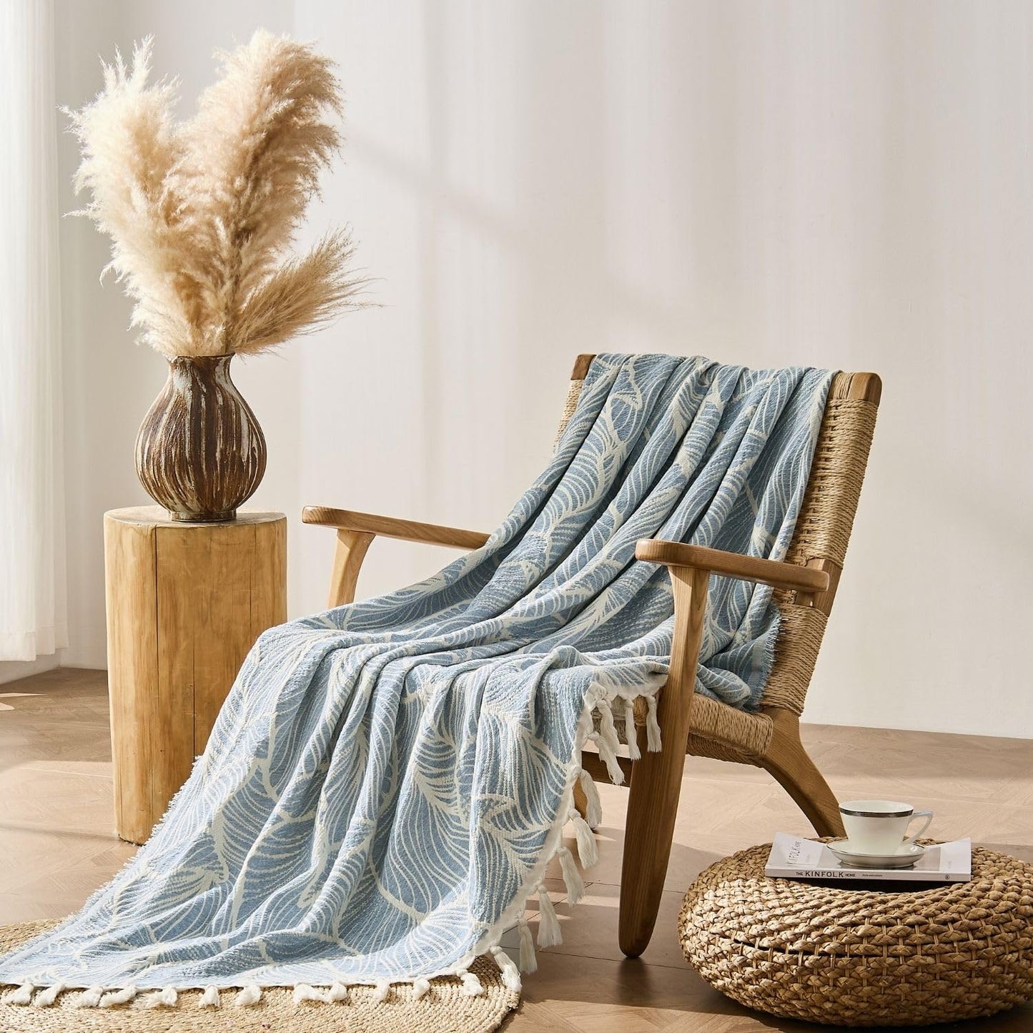 DOWN HOME Chenille Cotton Throw Blanket for Couch, Lightweight Boho Blanket for Bed Sofa Chair Living Room Outdoor Soft Woven Decorative Blanket with Tassel Gift Blue Leaves 55"x60"